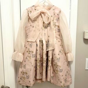 Mama Luma Girls Floral Organza Sleeve TieNeck Brocade Short Dress 9-10 Pale Pink